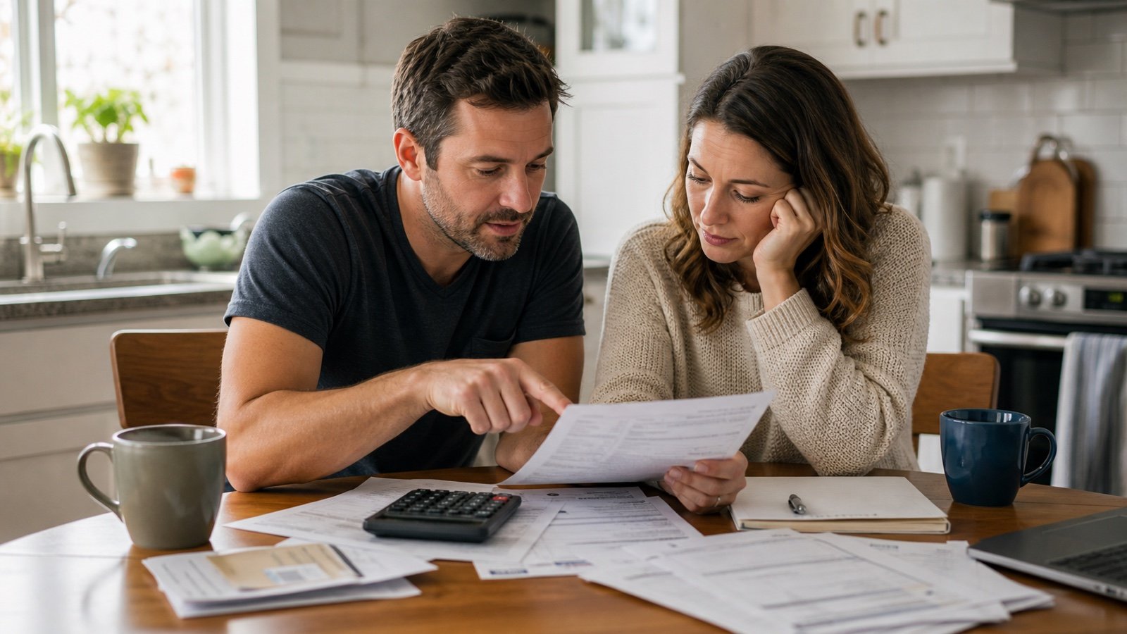 Couple reviewing household bills and credit card statements at a kitchen table
