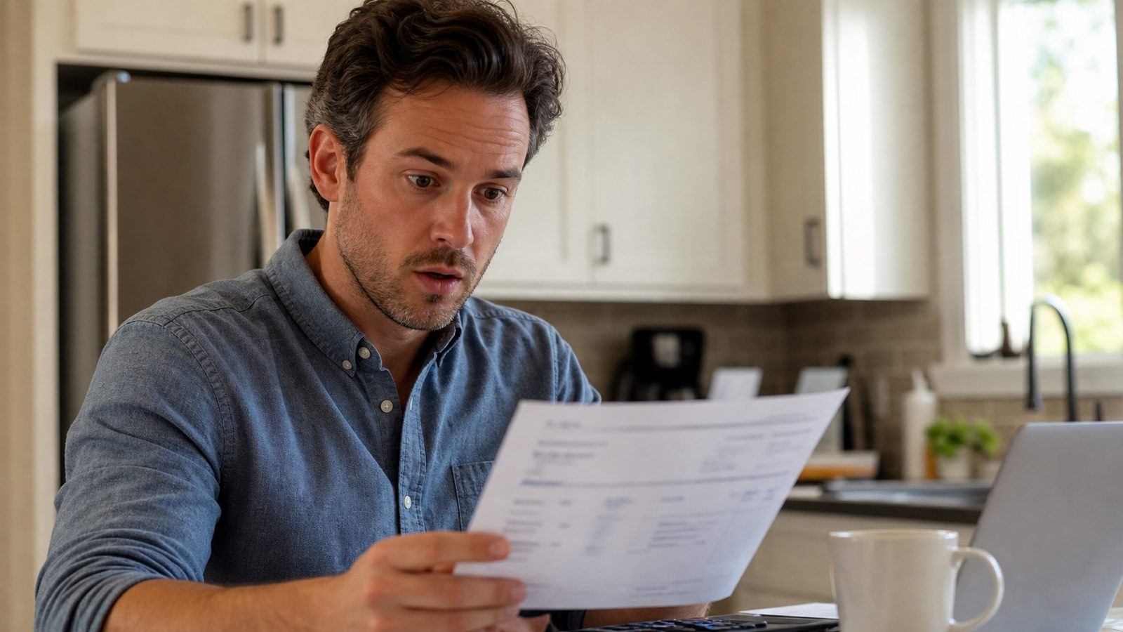 Man reacting while reviewing a credit card statement at home