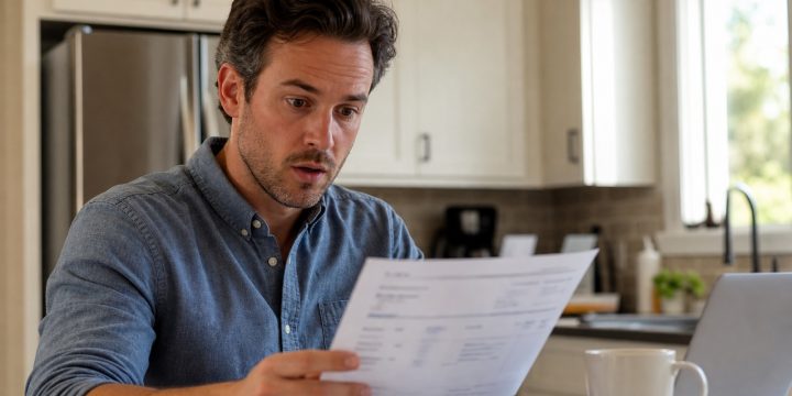 Man reacting while reviewing a credit card statement at home