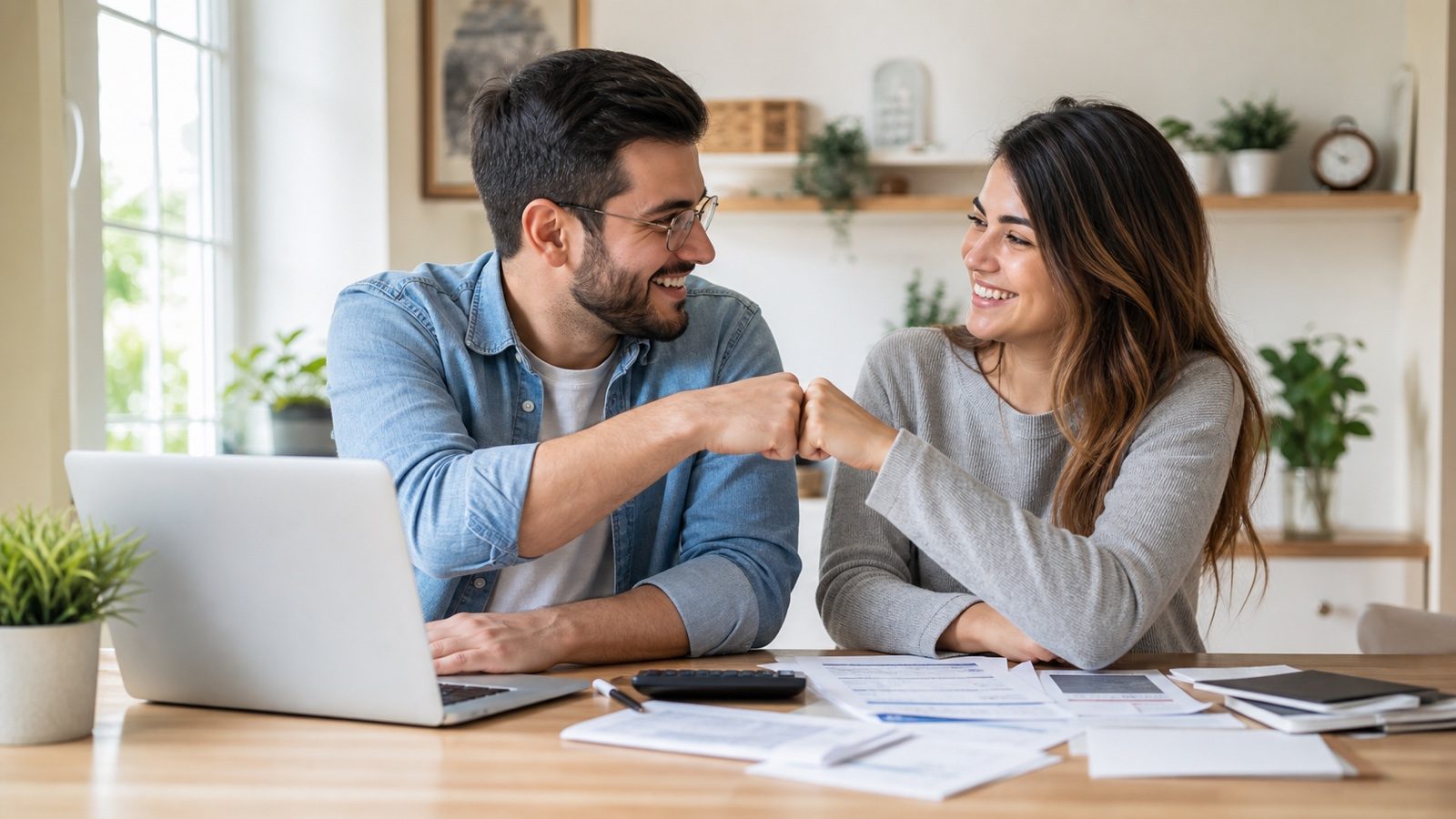 Couple reviewing bills and celebrating a possible debt payoff plan