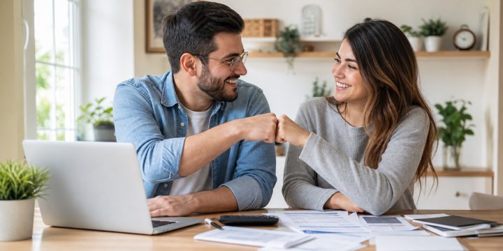 Couple reviewing bills and celebrating a possible debt payoff plan