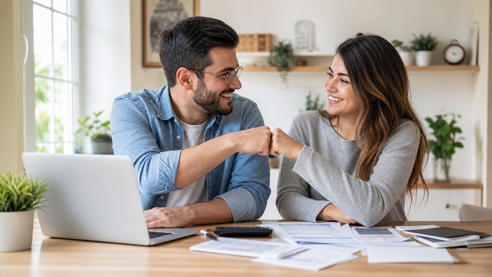 Couple reviewing bills and celebrating a possible debt payoff plan