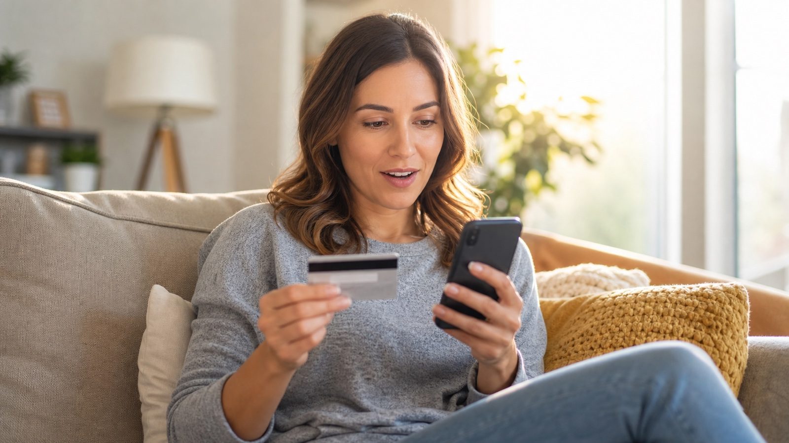Woman comparing credit card options on a phone while holding a card