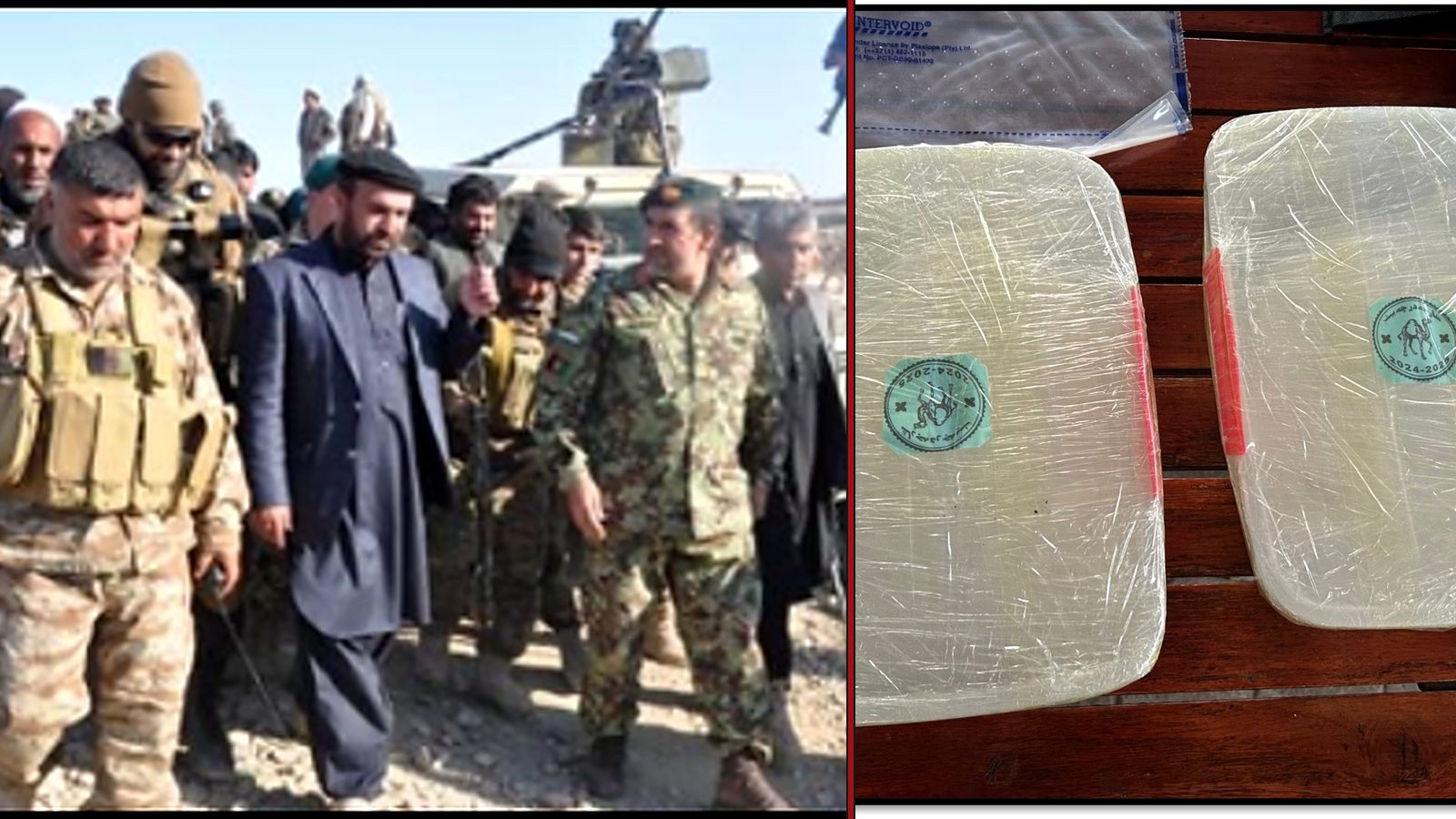 Abdul Zahir Qadeer with Afghanistan's Eighth Border Battalion beside the alleged methamphetamine test shipment