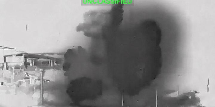 Official video still from U.S. Central Command shows the IRGC surveillance tower at Chah Bahar engulfed by a U.S. strike