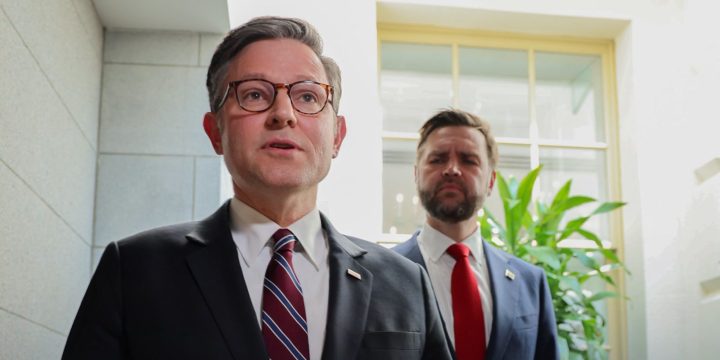 Speaker Mike Johnson speaks to reporters with Vice President JD Vance behind him during a Capitol Hill press availability