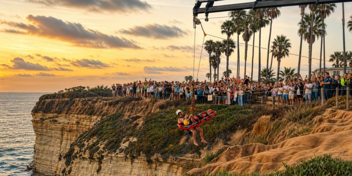 Rescuers hoist an injured person from Sunset Cliffs in San Diego