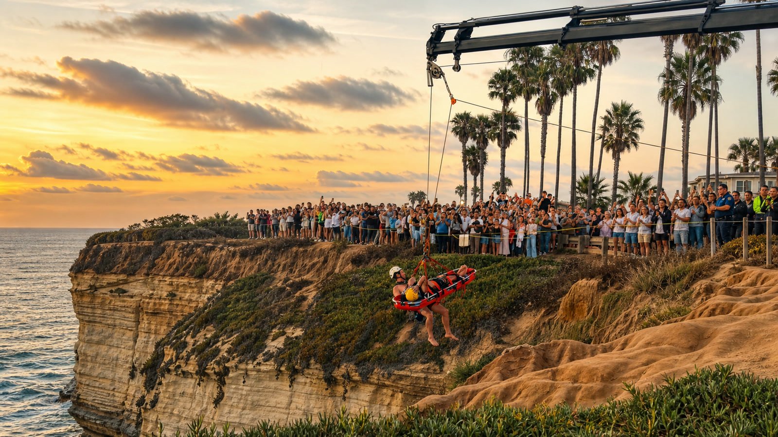 Rescuers hoist an injured person from Sunset Cliffs in San Diego