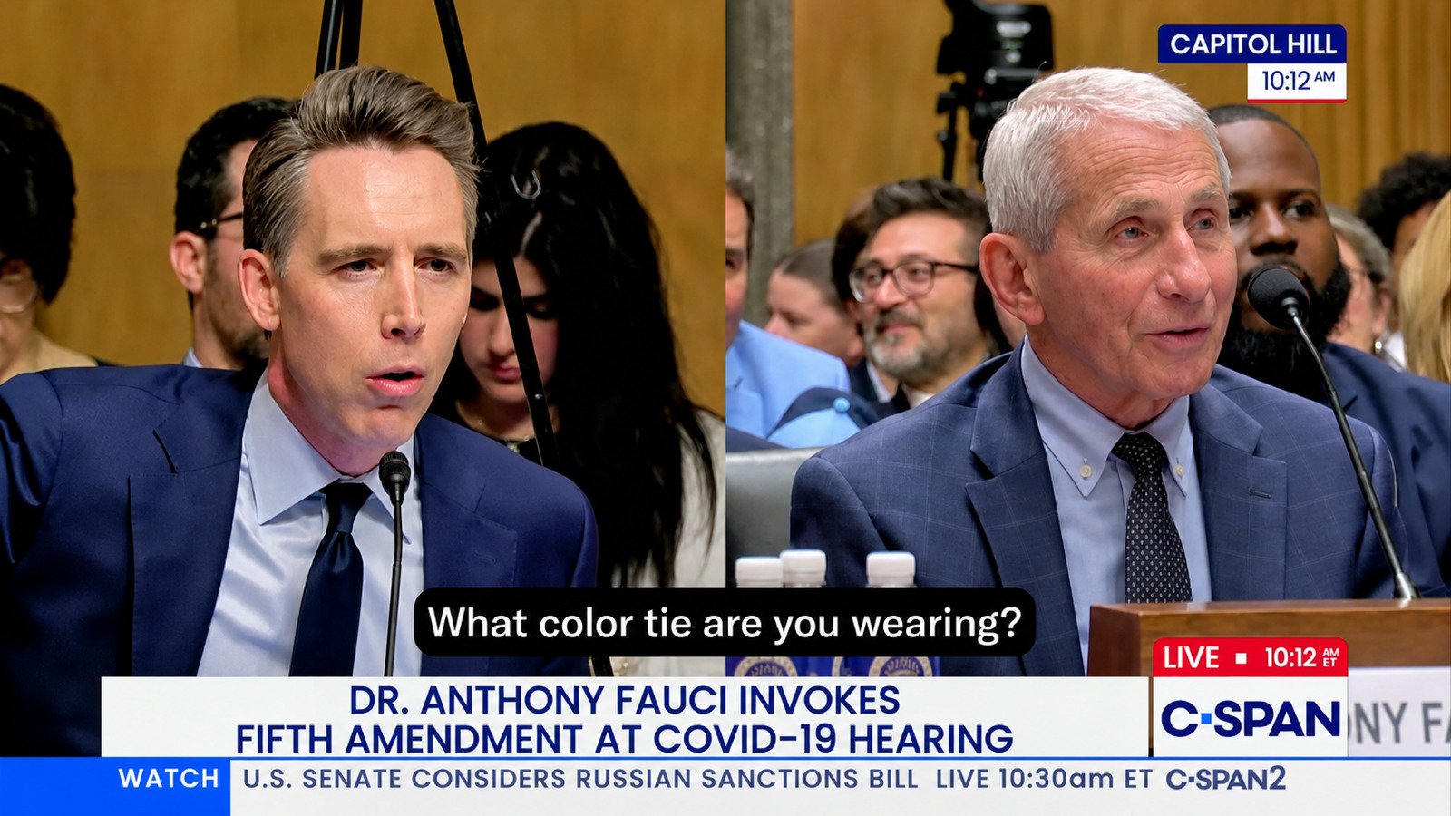 Senator Josh Hawley asks Anthony Fauci what color tie he is wearing during a July 29, 2026 Senate hearing
