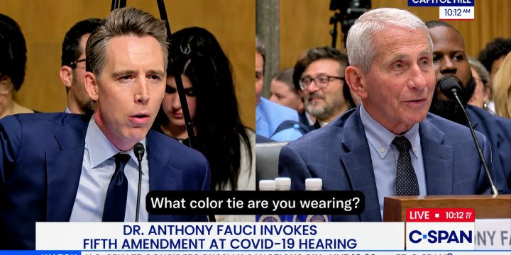 Senator Josh Hawley asks Anthony Fauci what color tie he is wearing during a July 29, 2026 Senate hearing