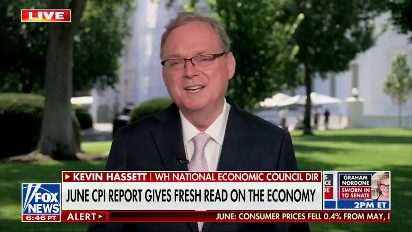Official video still of National Economic Council Director Kevin Hassett discussing the June 2026 inflation report