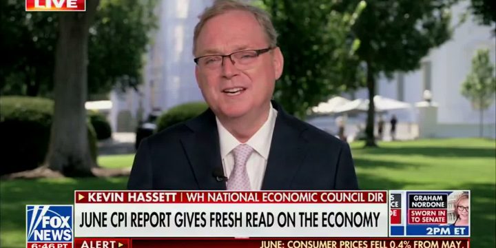 Official video still of National Economic Council Director Kevin Hassett discussing the June 2026 inflation report