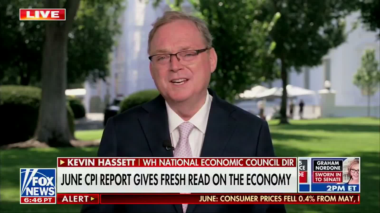 Official video still of National Economic Council Director Kevin Hassett discussing the June 2026 inflation report