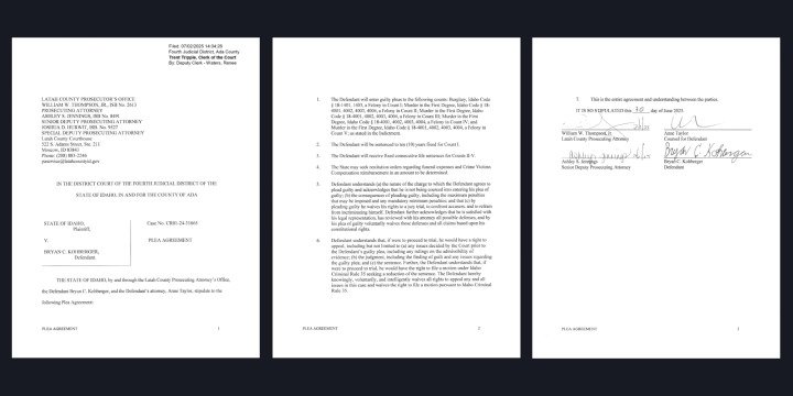 The three-page Bryan Kohberger plea agreement filed in Ada County District Court