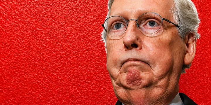 Mitch McConnell pictured with emergency medical imagery in a textured hospital report graphic