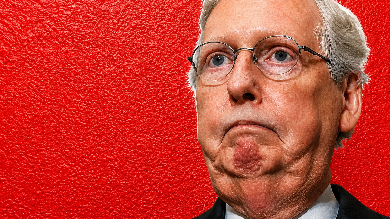 Mitch McConnell pictured with emergency medical imagery in a textured hospital report graphic