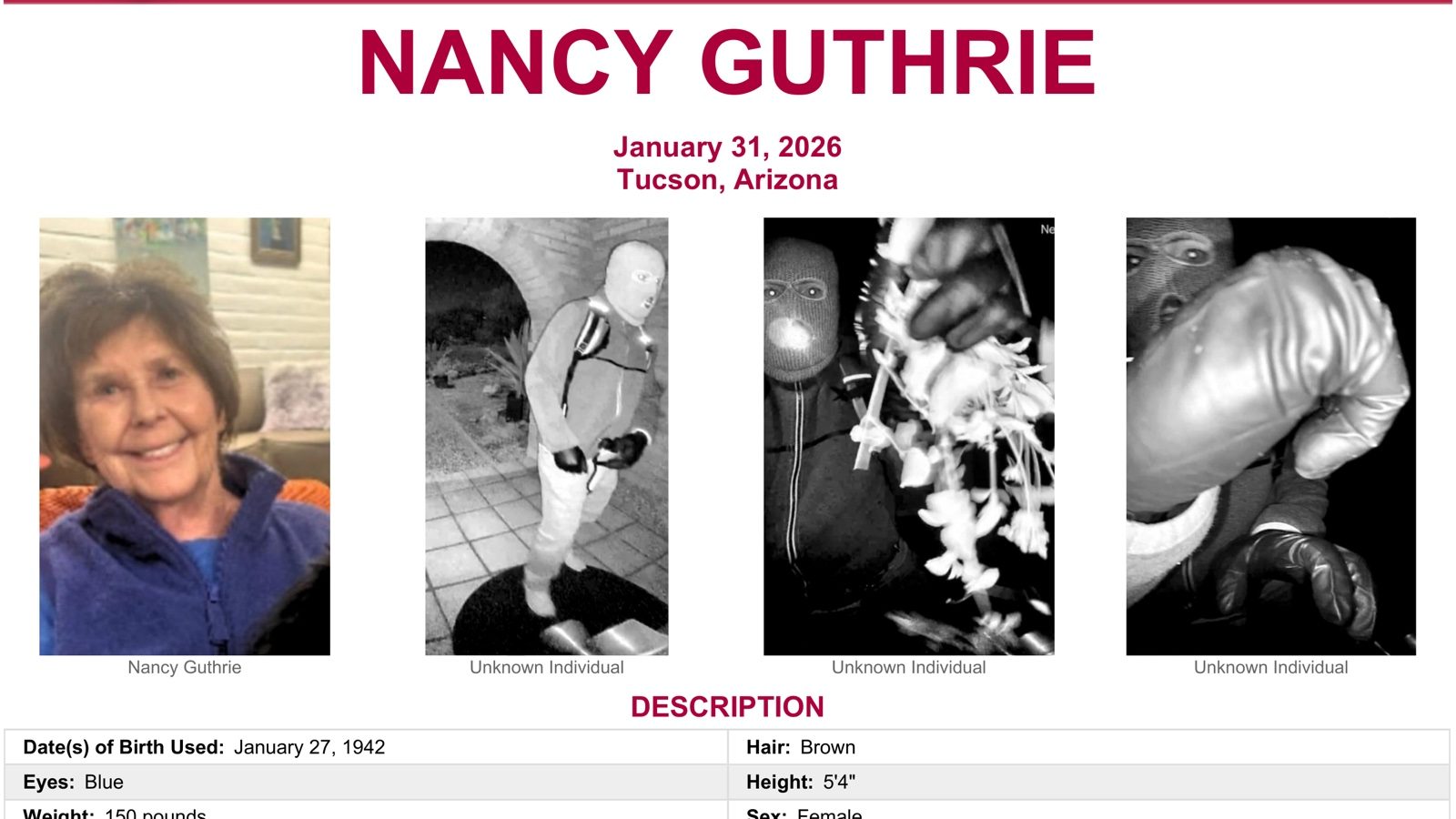 Nancy Guthrie alongside FBI-released images of an unknown individual sought in her disappearance