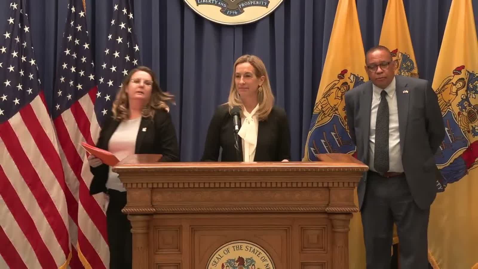 Governor Mikie Sherrill at a New Jersey press conference addressing the state's voter registration software error