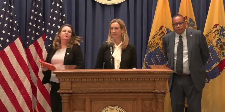 Governor Mikie Sherrill at a New Jersey press conference addressing the state's voter registration software error