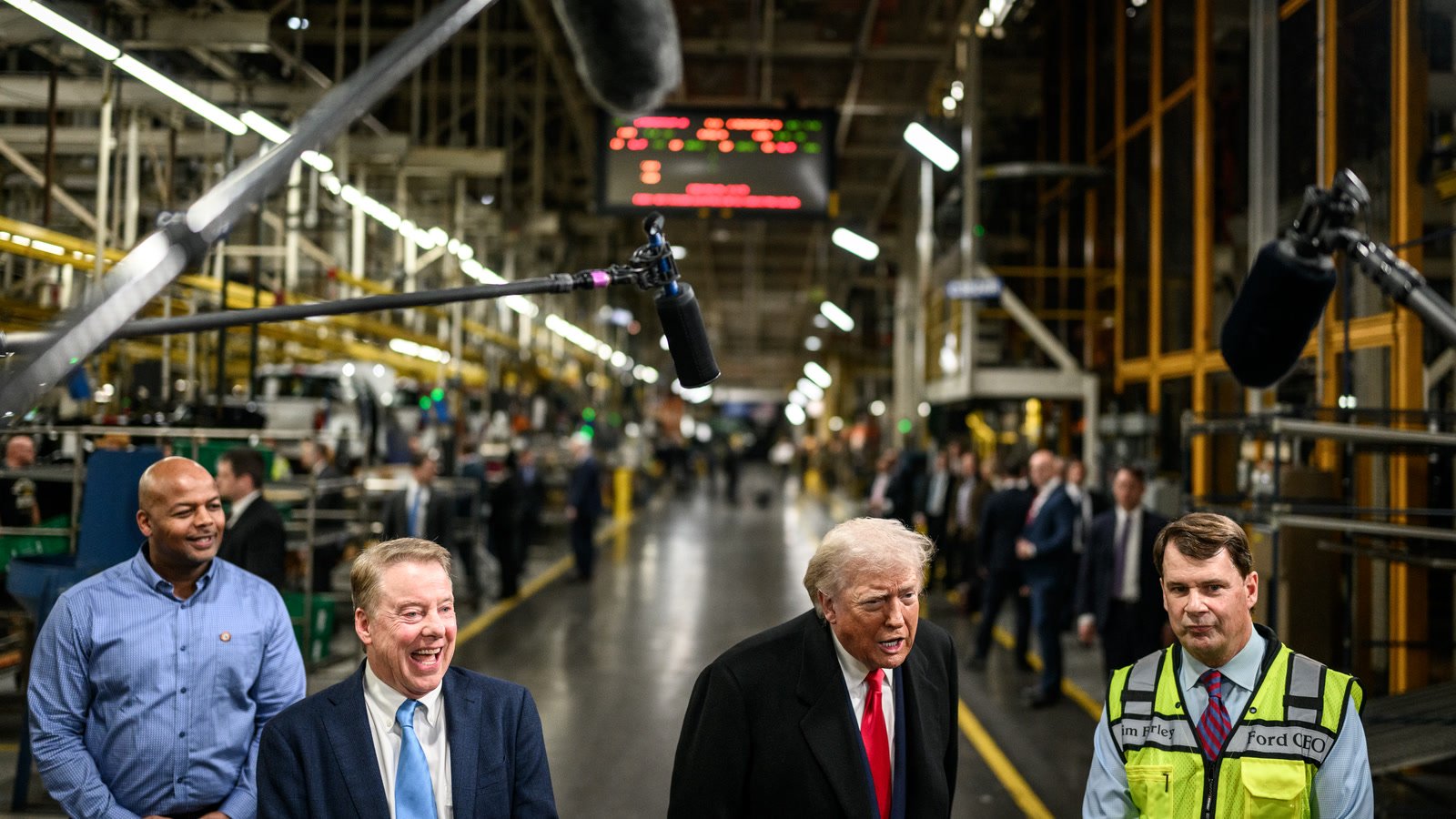 President Trump speaking with Ford leaders on the factory floor at the Ford River Rouge Complex in Dearborn, Michigan