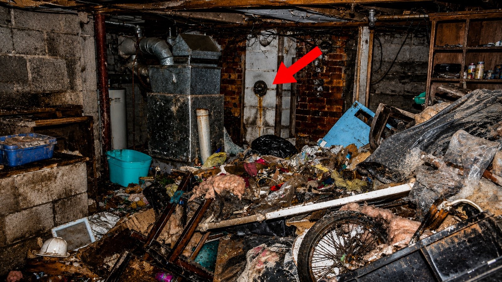 Trash-filled basement inside the Hamden, Ohio, home with a red arrow marking an opening in the wall