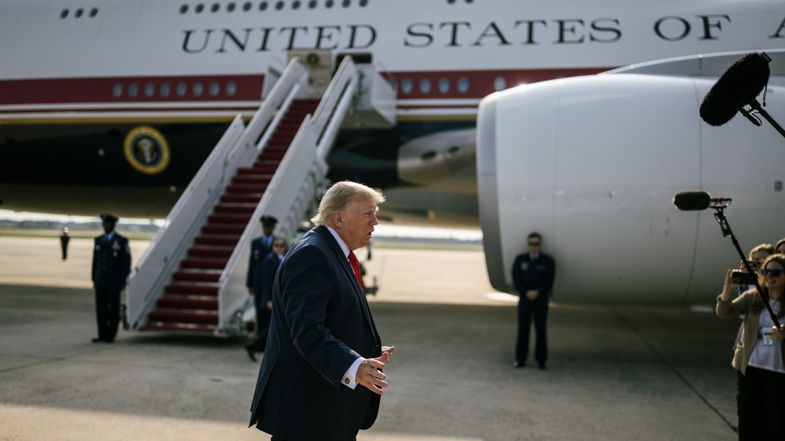 President Trump speaks with reporters in front of Air Force One at Joint Base Andrews on July 1, 2026