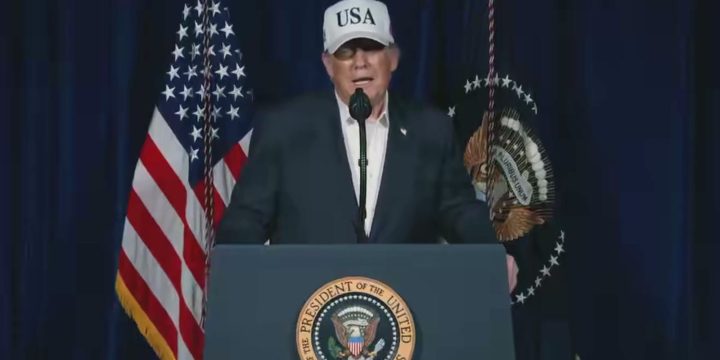 President Trump speaks at the presidential podium during remarks on Operation Epic Fury
