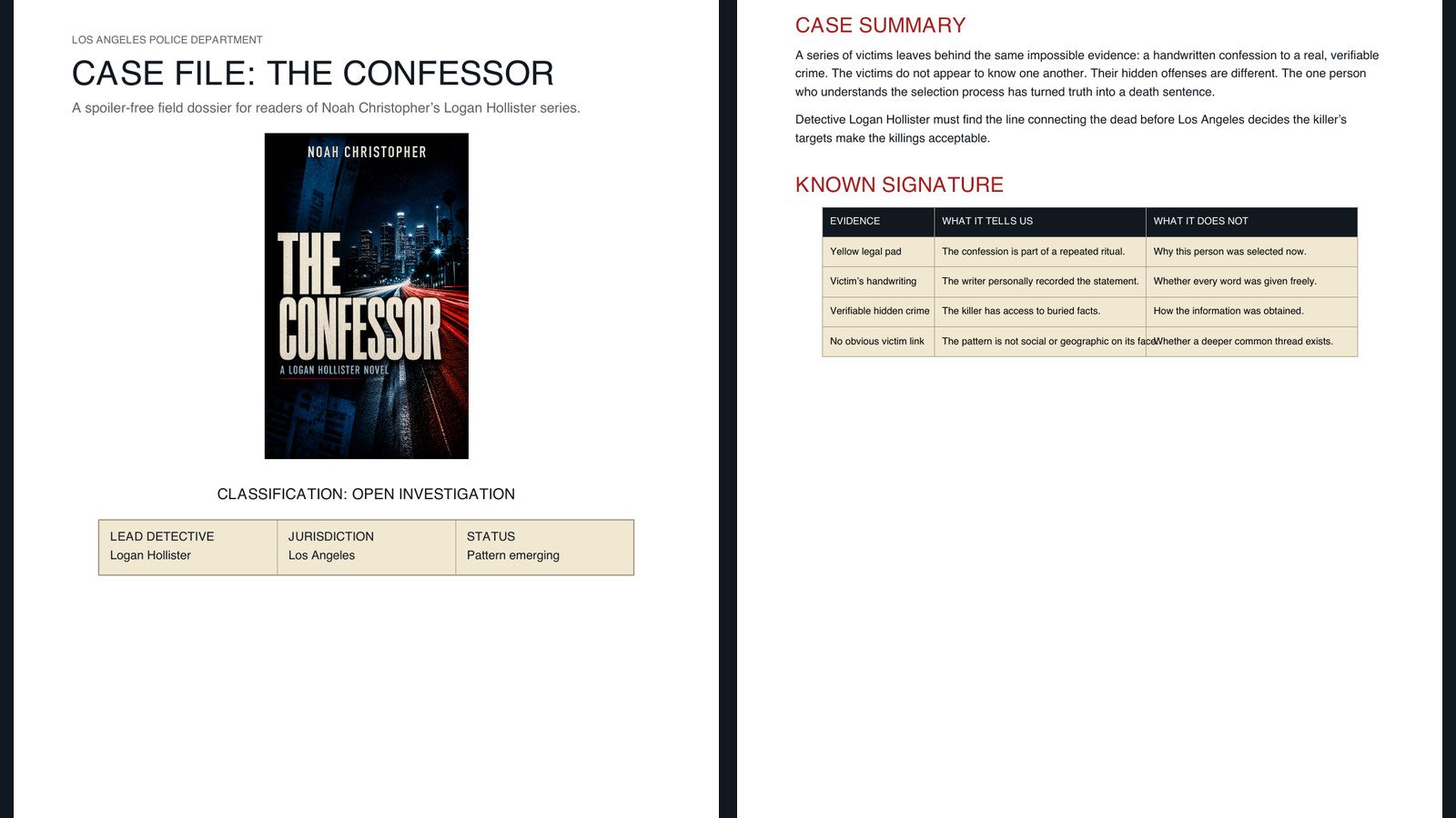 Preview of The Confessor reader Case File with book cover, case summary, and known evidence