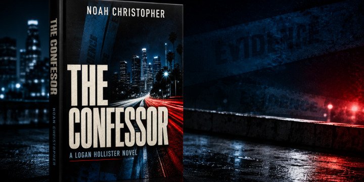The Confessor signed first-edition hardcover against a dark Los Angeles night scene