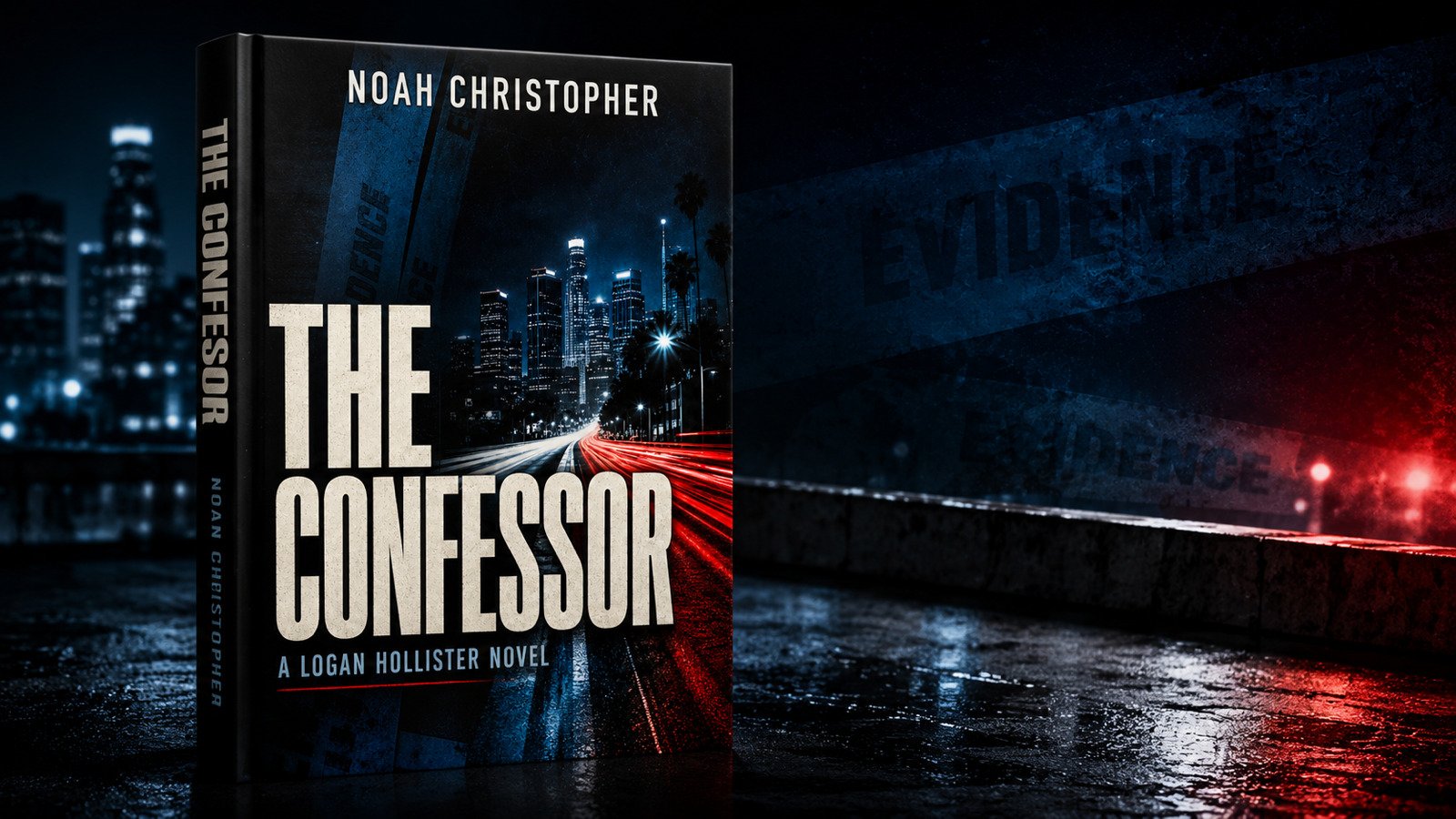 The Confessor signed first-edition hardcover against a dark Los Angeles night scene