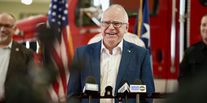 Minnesota Gov. Tim Walz speaks to reporters at the Dilworth fire station in April 2025