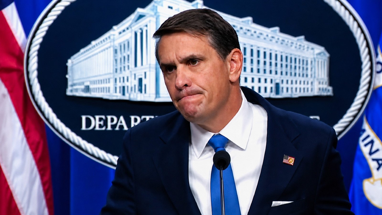 Acting Attorney General Todd Blanche speaks at the Justice Department podium