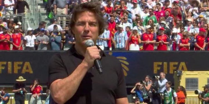Tom Cruise speaking before the 2026 FIFA World Cup Final