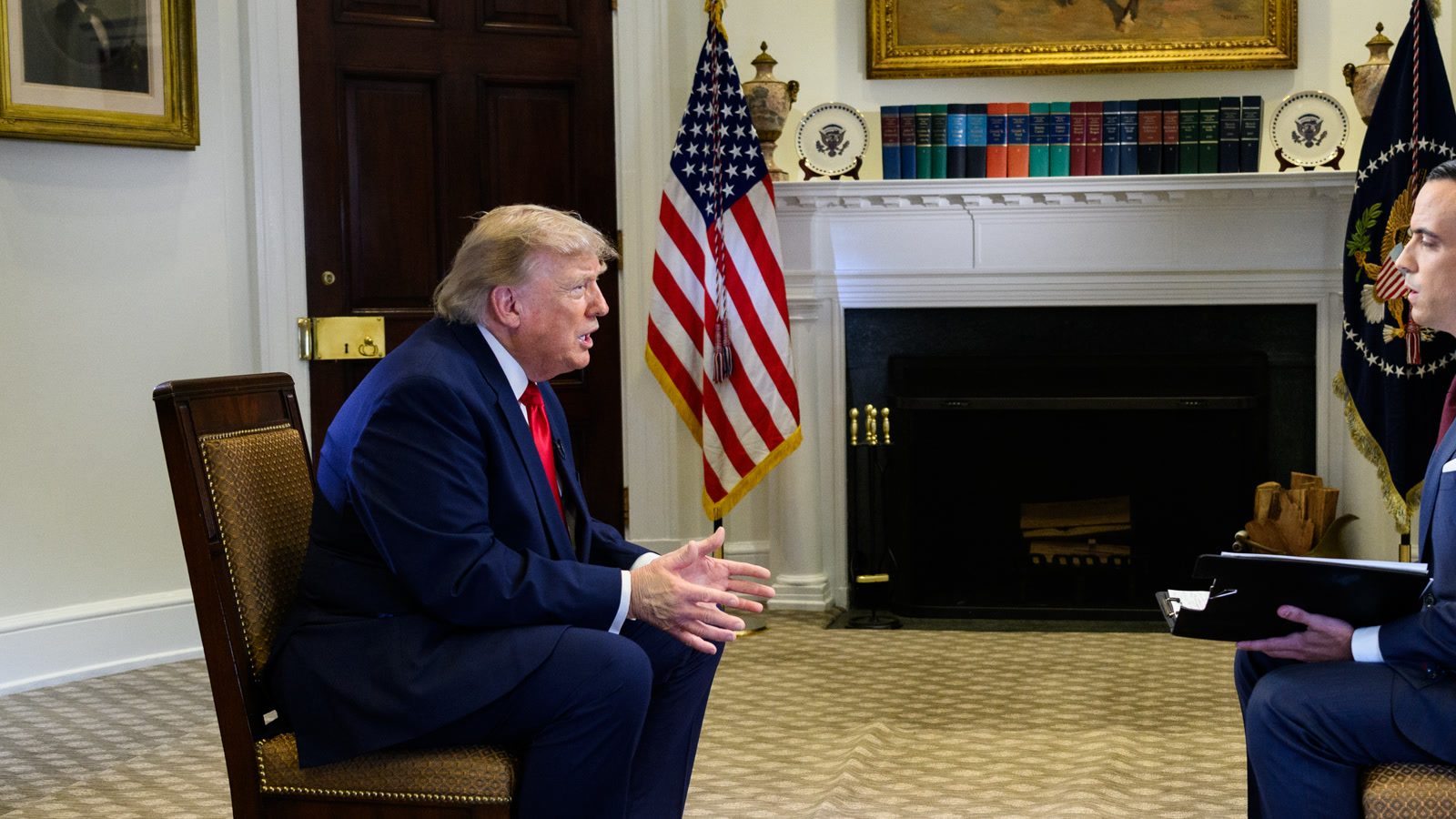 President Trump speaking in the Roosevelt Room at the White House