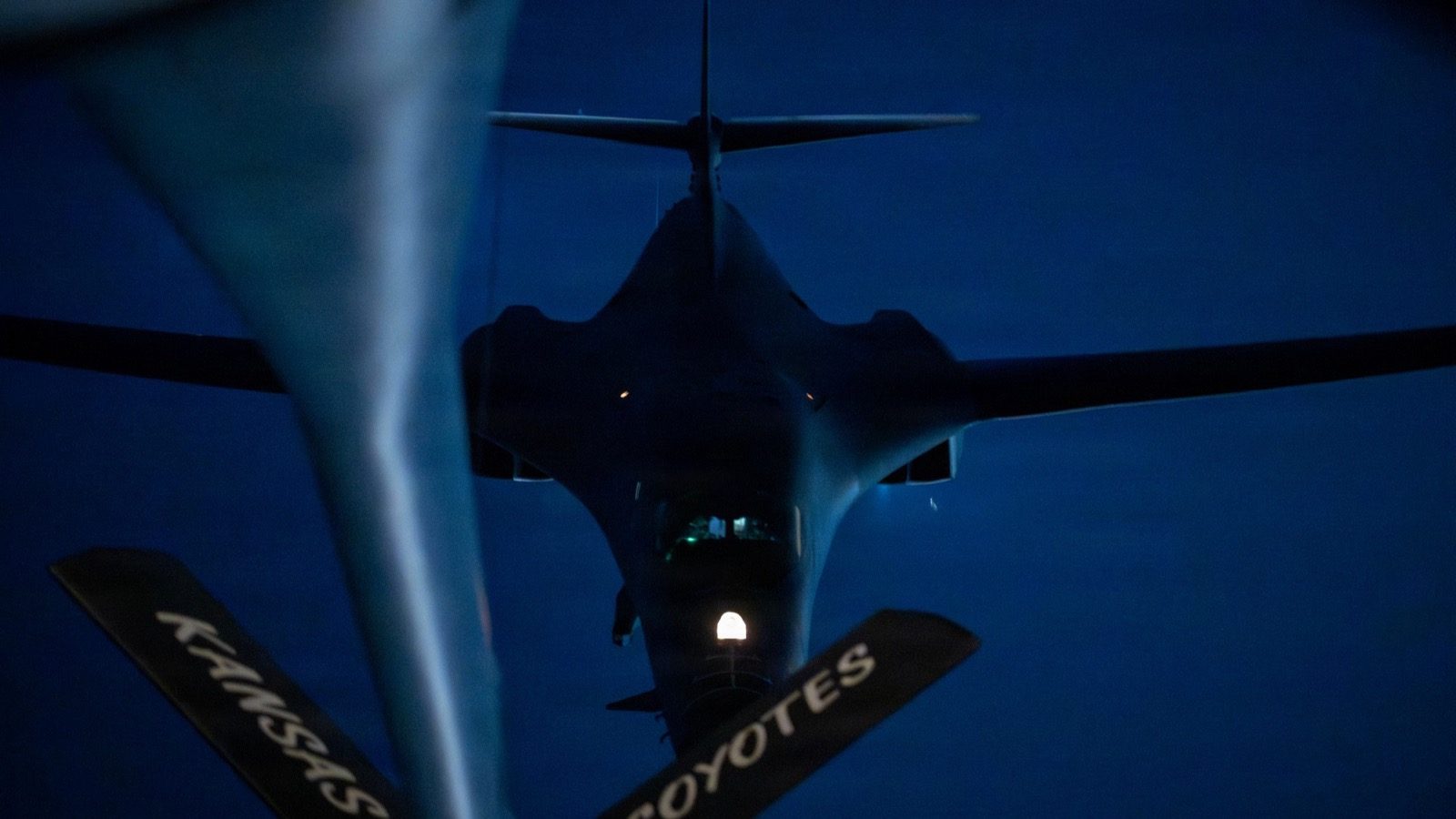 A U.S. Air Force B-1B Lancer refuels at night during Operation Epic Fury