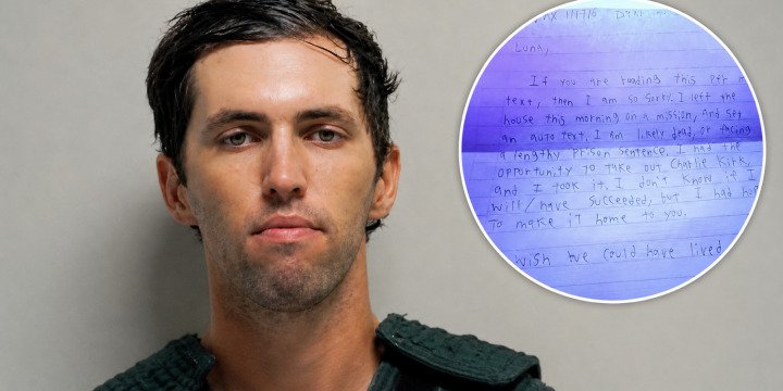Tyler Robinson beside an inset of the alleged handwritten confession note