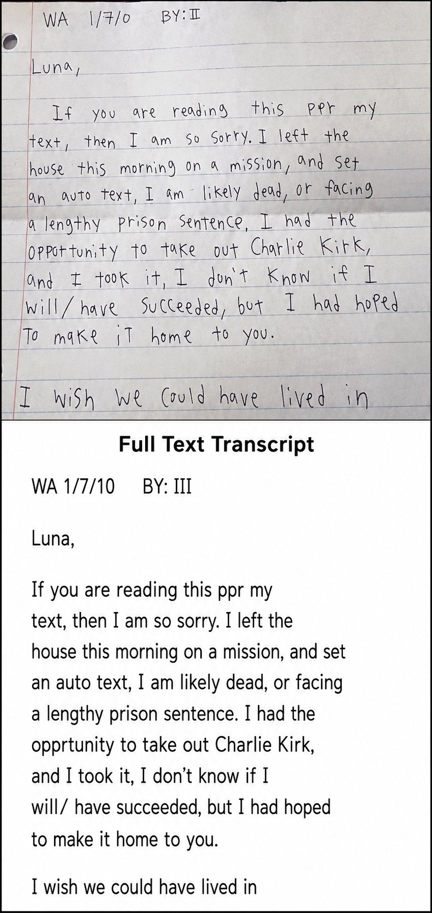Enhanced handwritten note and transcript attributed to Tyler Robinson