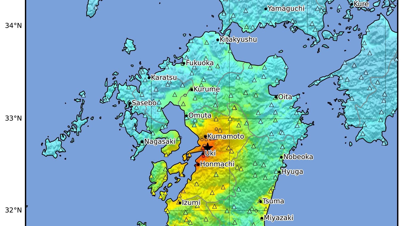 USGS ShakeMap showing the strongest shaking around Kumamoto and Uto after the July 28, 2026 earthquake
