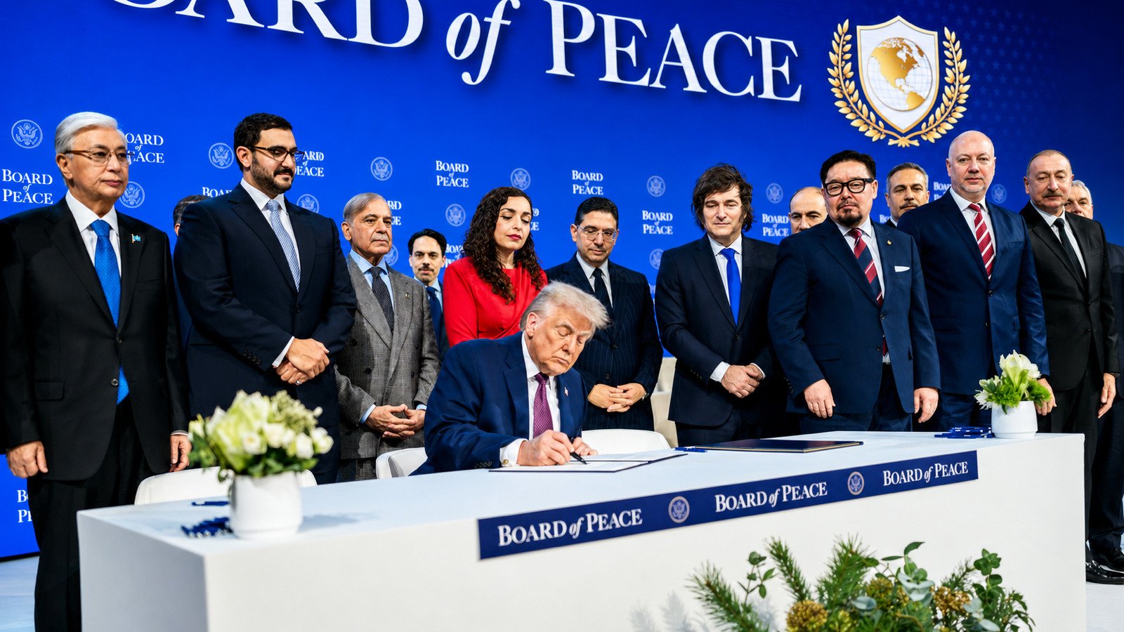 President Trump signing the Board of Peace charter with international leaders