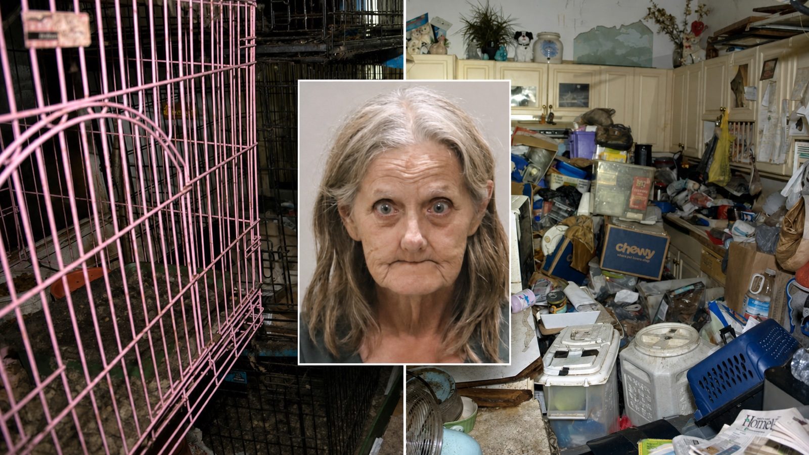 Gail Giustino pictured between animal cages and the interior of the home searched by Martin County deputies