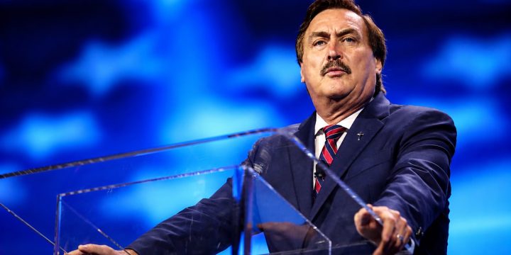 Mike Lindell speaking at a lectern