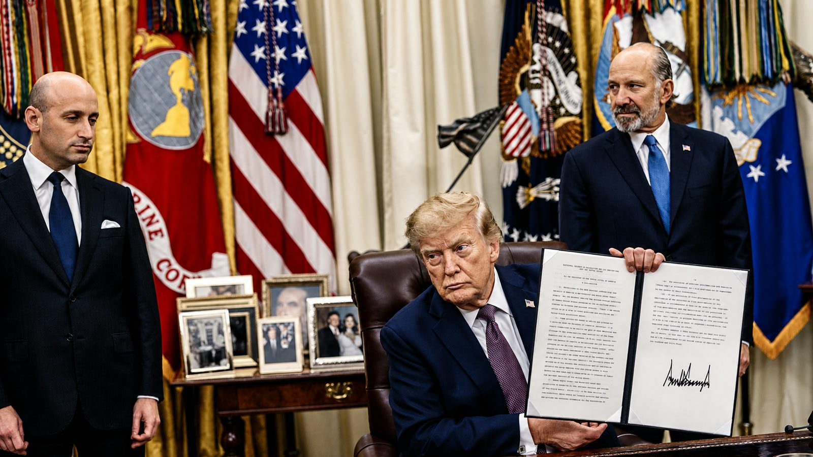 President Trump holds a signed birthright citizenship executive action in the Oval Office