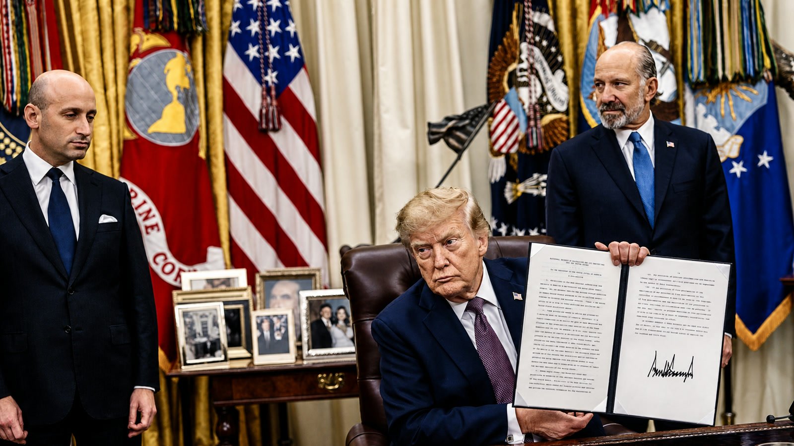 President Trump holds a signed birthright citizenship executive action in the Oval Office