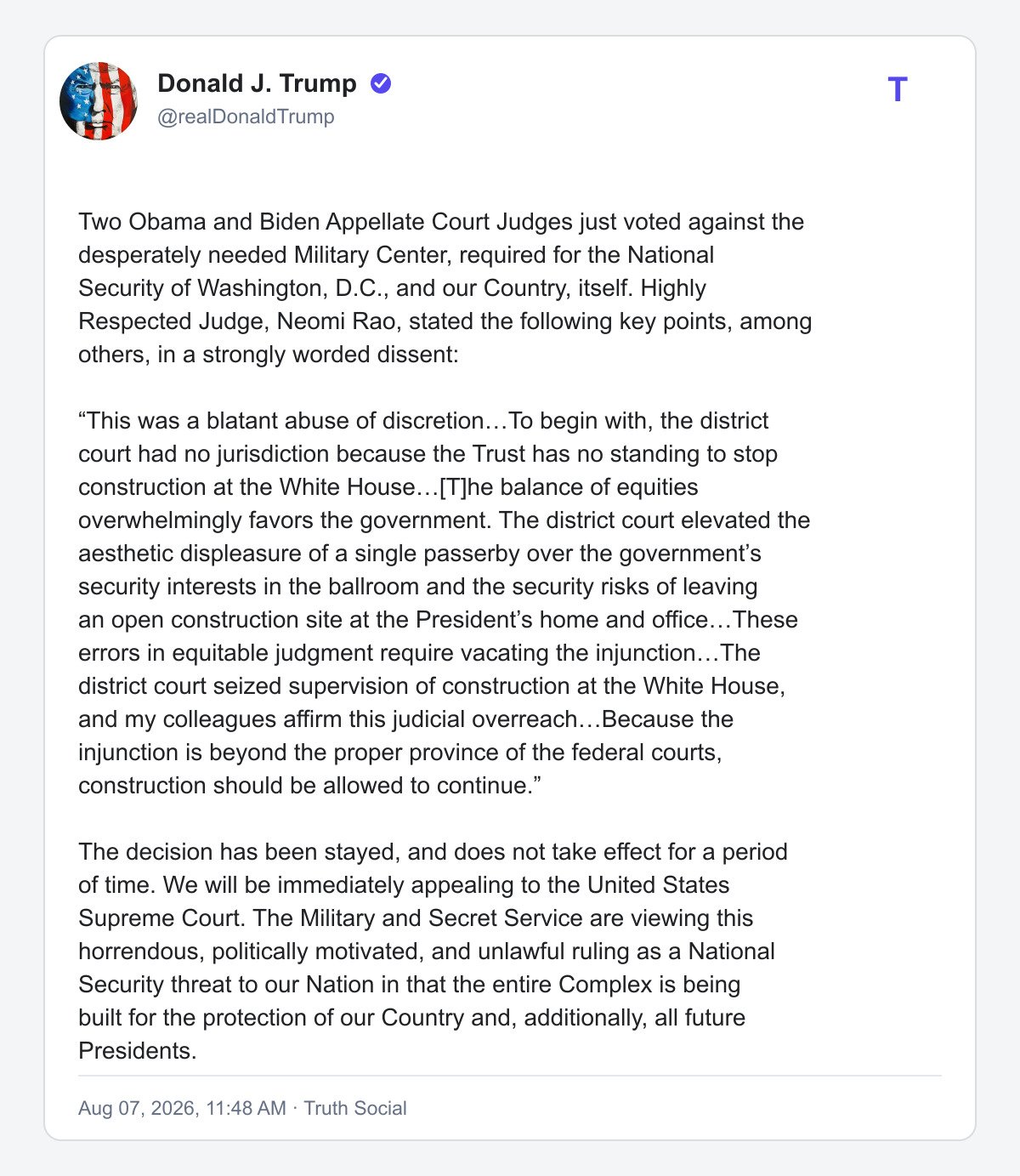 Opening portion of President Trump's August 7, 2026 Truth Social statement about the White House Military Center