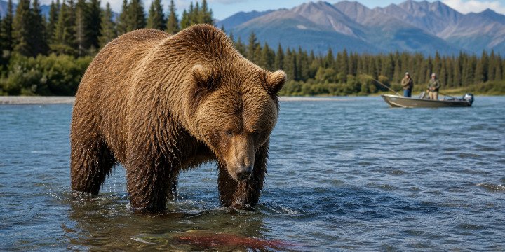 Alaskan brown bear searching for salmon as anglers watch from a distant boat