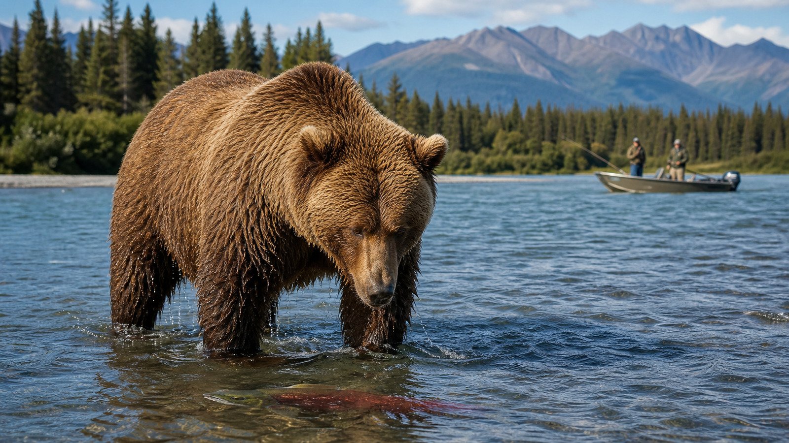 Alaskan brown bear searching for salmon as anglers watch from a distant boat